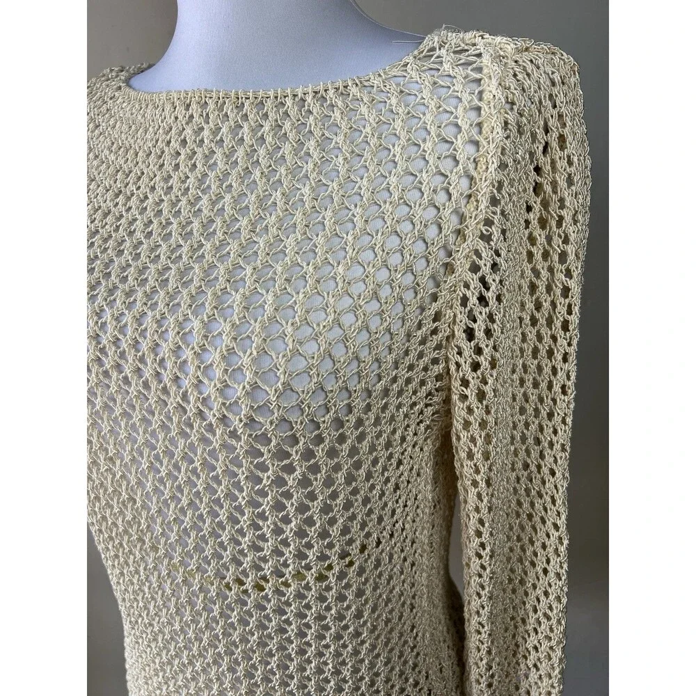 ZARAKNIT Beige Knit Openwork Long Sleeve Boat Neck Women's Top Small